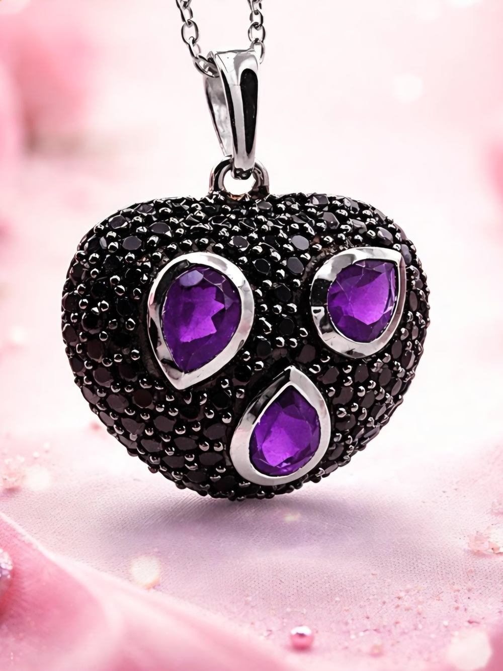 Heart Pendant Necklace with Purple Teardrop Amethyst Framed By Black Spinel